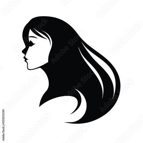 Silhouette of beautiful girl in profile with long hair on white background
