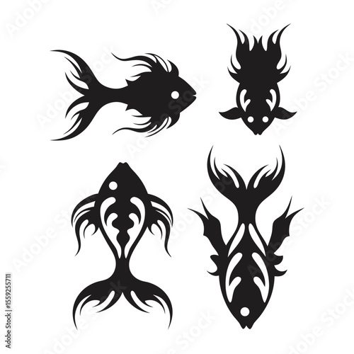 Black fish silhouettes present distinct tribal patterns against a stark white background in the image