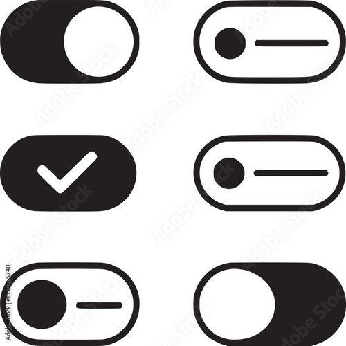 A collection of black and white toggle switch icons in various on and off states on a light background