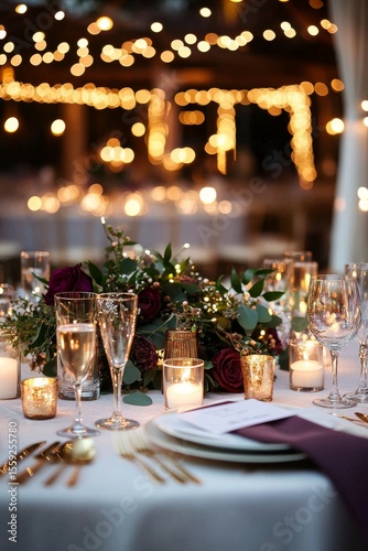 Elegant Dinner Setting With Warm Bokeh Lights and Floral Arrangements During ...