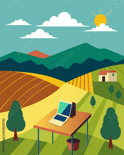 The rolling hills of the vineyard serve as the perfect backdrop for the nomads outdoor office complete with a portable desk and solarpowered charger.. Vector illustration