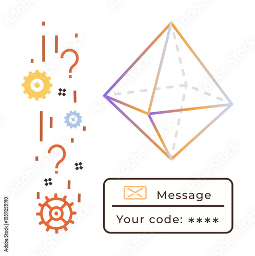 Geometric polygon, gears, question marks, code message field evoke complexity, problem-solving, security, innovation, technology creativity abstract ideas. Ideal for concepts thumbs up tech