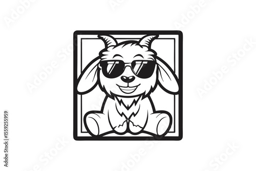 Black and white goat with sunglasses sits within a bordered square smiling calmly