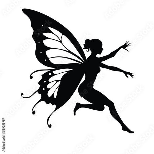 fairy silhouette, dark dramatic lighting, high contrast, ethereal, mystical, intricate butterfly wings, graceful pose, detailed fantasy character on white background
