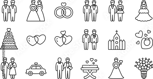 Wedding icons set vector illustration marriage ceremony love celebration bride groom rings cake church vector illustration