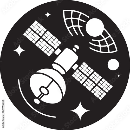 Illustration of a white satellite with solar panels and antenna in a black circle design