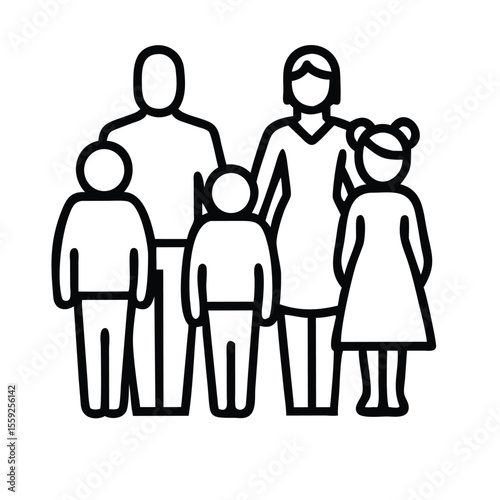 Family line art grandparents father mother and three children from back on white background