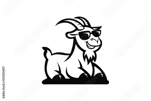 Black and white shows smiling goat wearing sunglasses and casually lying down