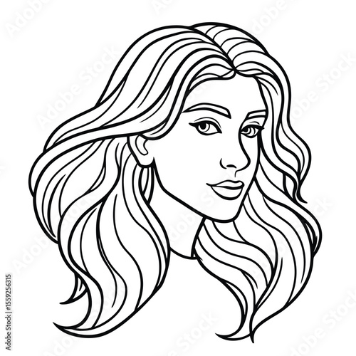 Line art  of beautiful girl in profile with long hair on white background
