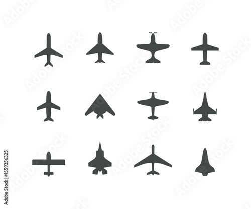 A collection of airplane silhouettes in various designs, including commercial jets, fighter aircraft, stealth planes, and light aviation models. These top-view icons are perfect for aviation infograph