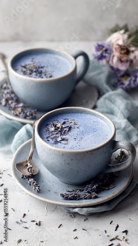 Lavender Latte in Blue Mugs on a Rustic Table With Dried Flowers Nearby