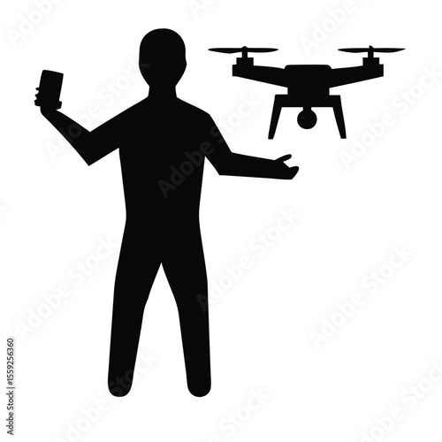 man flying drone silhouette on white background