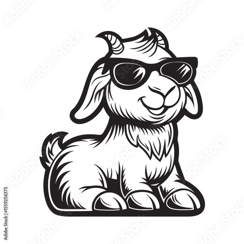 Black and white line art of a cute goat wearing sunglasses is featured