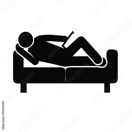 man sleeping on sofa with book silhouette on white background