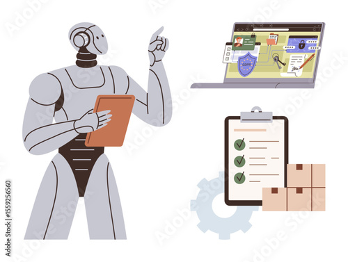 Robot analyzing tasks with tablet, inventory checklist, laptop with interface, gear, boxes. Ideal for automation, artificial intelligence, logistics, task management technology innovation workflow