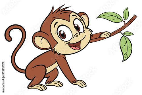 Adorable cartoon monkey smiles and reaches for a leafy branch in playful animation