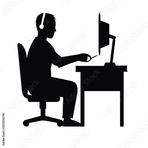 Silhouette of a gamer streaming online in a dark room. on white background