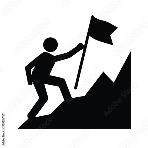 Silhouette of a mountain climber reaching the summit with a flag on white background