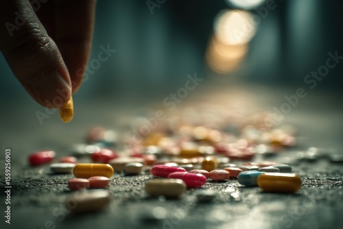 A hand reaches for a yellow pill among a colorful spread of various capsules and tablets on a textured surface illuminated by soft light