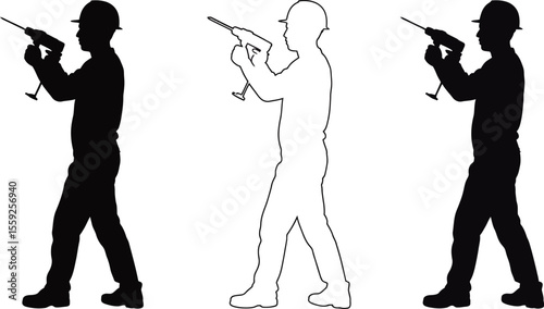 Construction worker silhouette with drill vector illustration and building contractor outline design vector illustration