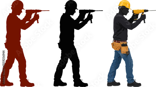 Construction worker drilling silhouette with hard hat and tool belt using power drill tool vector illustration