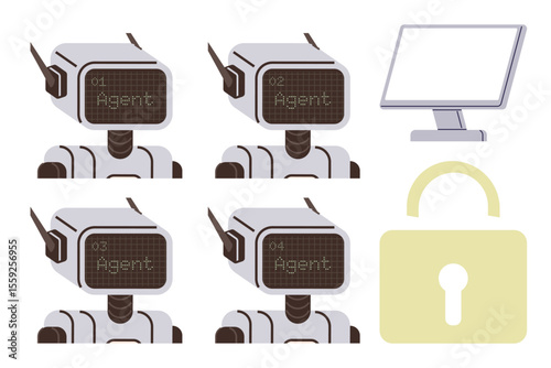 Robots with numbered faces, a computer monitor, and a padlock emphasize AI integration, cybersecurity, data protection, system management, automation, innovation and digital trust. Ideal for simple