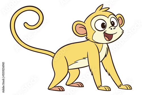 A cartoon yellowish monkey with a delightful smile stands on a white background