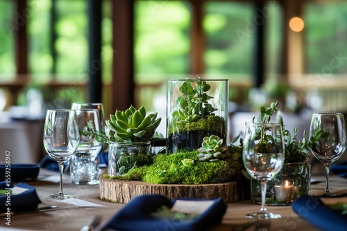 Elegant Table Setting Featuring Succulents and Moss Centerpiece in Serene Res...