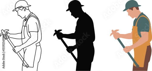 Illustration of man with pickaxe in various styles vector art for construction and mining industries vector illustration