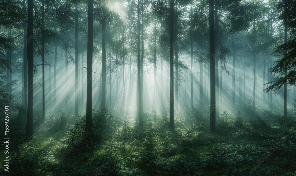 Fototapeta premium A forest with trees and sunlight shining through the leaves
