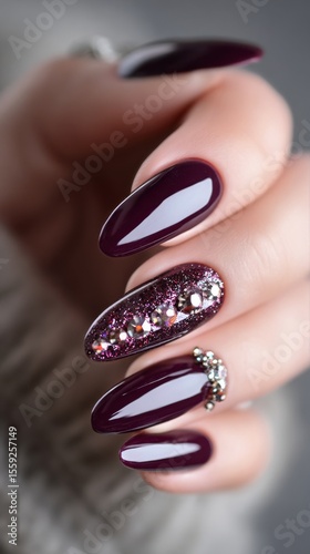 Elegant Dark Purple Nails With Decorative Crystals at a Nail Salon