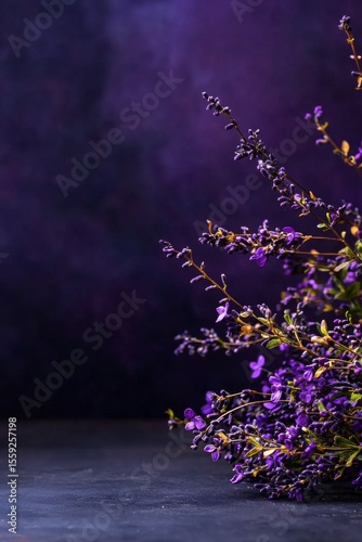Beautiful Purple Flowers Arranged Artistically Against a Dark Backdrop in a C...