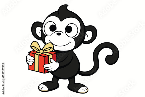 Animated monkey smiles and proudly holds a bright red gift box with golden bow