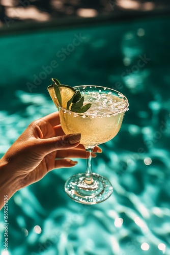 Refreshing Cocktail Held Above Sparkling Pool Water on a Sunny Day
