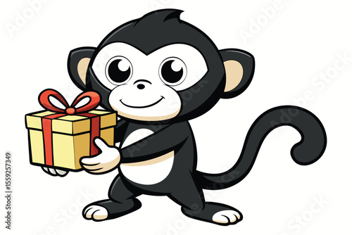 Animated monkey smiles cheerfully holding a present adorned with red ribbon, isolated on white