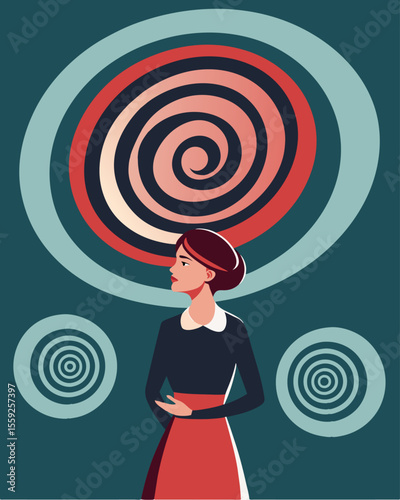 With every turn of the spiral her thoughts became more muddled and her beliefs began to shift to match the brainwashing propaganda.. Vector illustration
