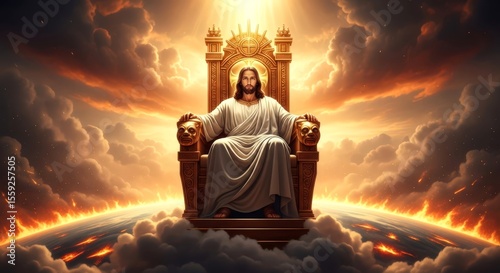  Jesus in white robe sits on golden throne above fiery earth, light rays from sky. Judgment day concept for religious art.  Savior Christ