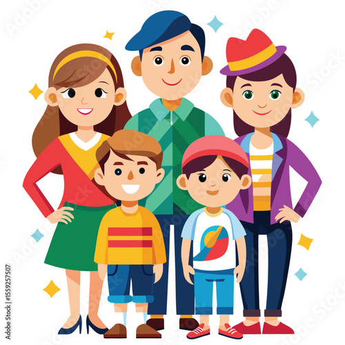 Vector, colorful   family with three children on white background