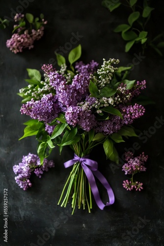 Beautiful Lilac Bouquet With Green Leaves in a Clear Vase on a Dark Surface