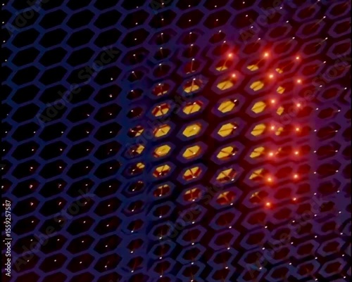 A mesmerizing abstracts featuring a hexagonal grid pattern, illuminated with vibrant orange and purple lights, creating a futuristic and dynamic effect.
