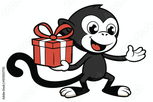 Black cartoon monkey cheerfully presents a red present with a white ribbon tying it