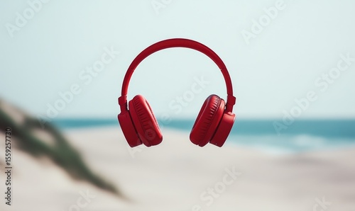 A pair of red headphones is floating in the air above a beach