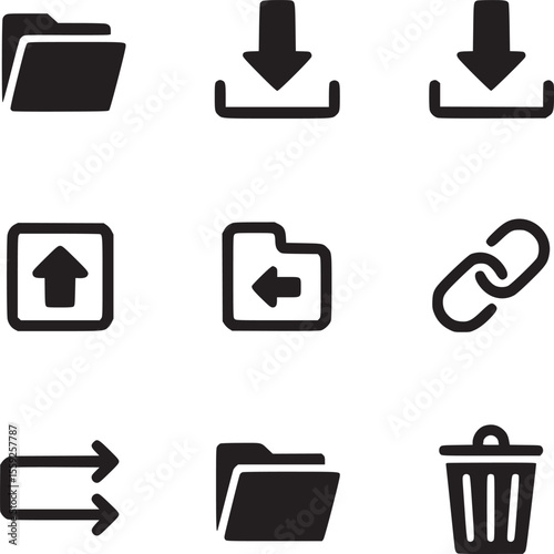 Collection of nine black and white icons representing file management and navigation actions