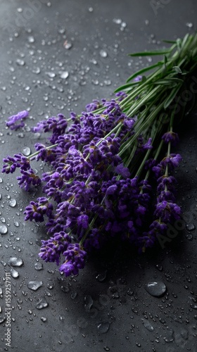 Lavender Bouquet With Water Droplets on Dark Background Creates Calming Atmos...