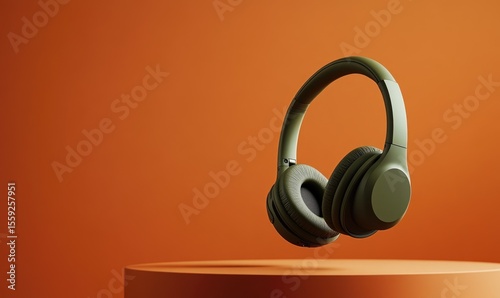 A pair of green headphones is suspended in midair on a red background