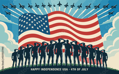 4th of July USA Independence Day Poster with Saluting Soldiers, Waving American Flag, Fighter Jets, and Blue Sky