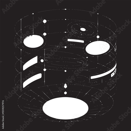 Abstract digital interface with circular elements and interactive swipe functions on black background