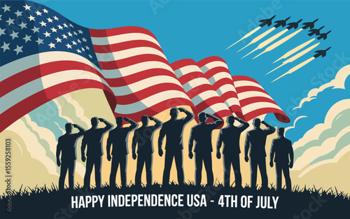  American Soldiers Saluting with Waving Flag and Fighter Jets on Independence Day 4th of July USA