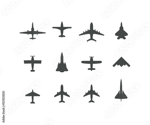 A collection of airplane silhouettes in various designs, including commercial jets, fighter aircraft, stealth planes, and light aviation models. These top-view icons are perfect for aviation infograph