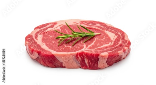 A raw, fresh, and perfectly marbled beef ribeye steak, garnished with a sprig of rosemary, isolated on a pure white background, ready for culinary preparation.
